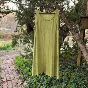 Eileen Fisher linen dress in summery & cool lime green mini-stripe.